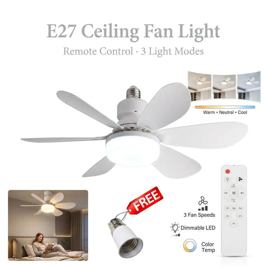 Modern Dimmable E27 LED Fan Light – Ceiling Fan Lamp with Adjustable Lighting for Bedroom, Living Room & Home Use