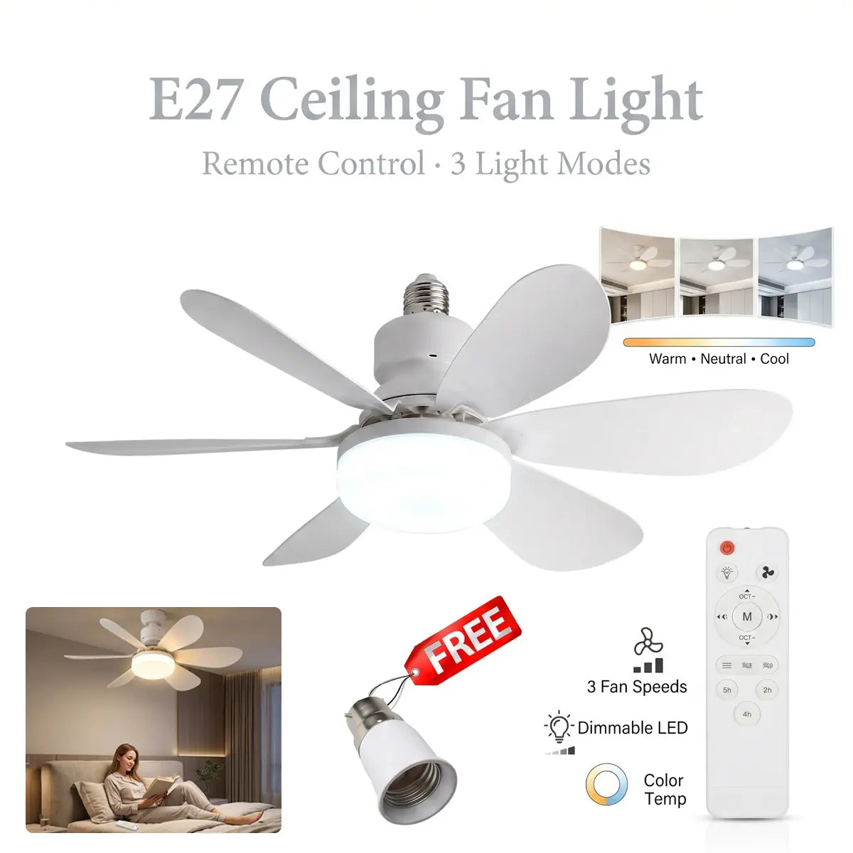 Modern Dimmable E27 LED Fan Light – Ceiling Fan Lamp with Adjustable Lighting for Bedroom, Living Room & Home Use