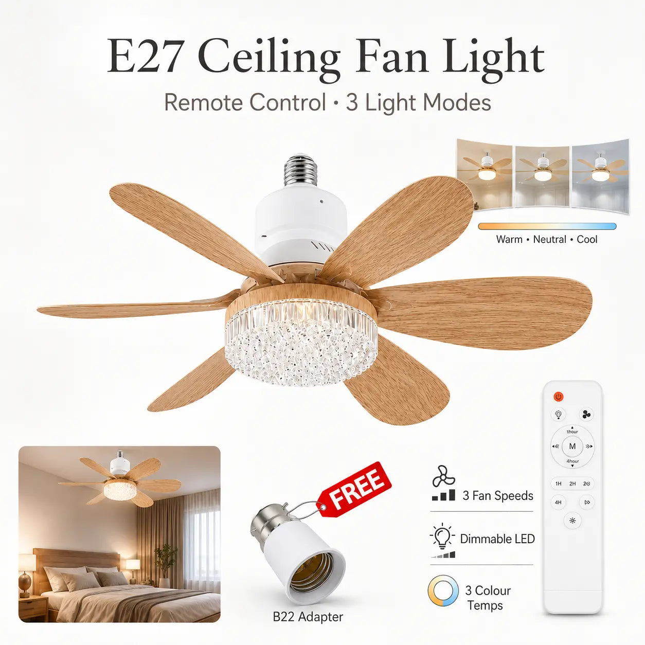Modern Dimmable E27 LED Fan Light – Ceiling Fan Lamp with Adjustable Lighting for Bedroom, Living Room & Home Use