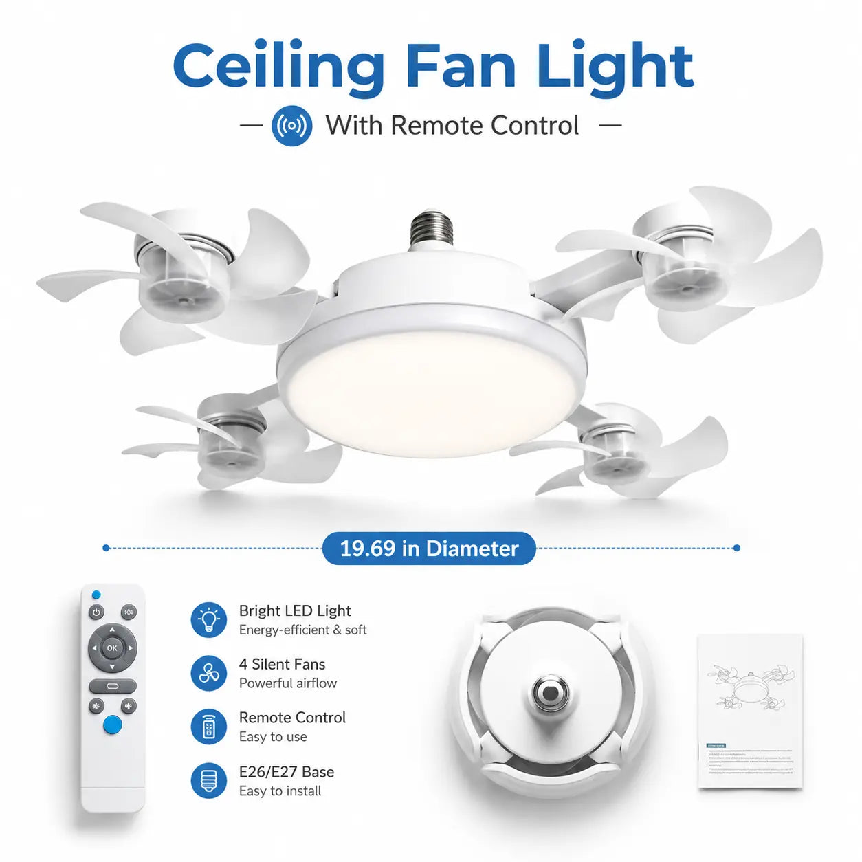 Ceiling Fan Light with Remote Control, 19.69 Inch Screw in LED Fan Light, E26/E27 Base Foldable Ceiling Fan with 4 Fan Heads, Quiet Airflow & Bright Lighting, Easy Installation for Bedroom, Living Room, Kitchen, Office, Dorm, Small Room Use