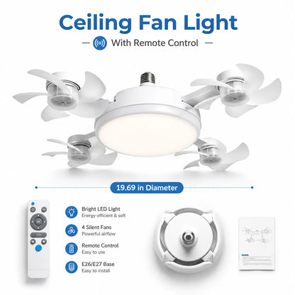 Ceiling Fan Light with Remote Control, 19.69 Inch Screw in LED Fan Light, E26/E27 Base Foldable Ceiling Fan with 4 Fan Heads, Quiet Airflow & Bright Lighting, Easy Installation for Bedroom, Living Room, Kitchen, Office, Dorm, Small Room Use