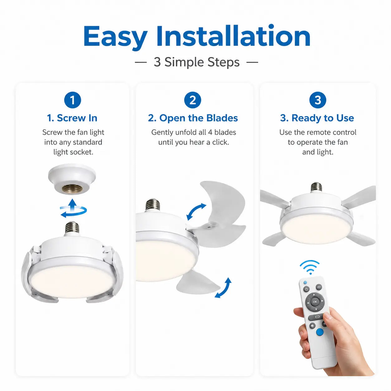 Ceiling Fan Light with Remote Control, 19.69 Inch Screw in LED Fan Light, E26/E27 Base Foldable Ceiling Fan with 4 Fan Heads, Quiet Airflow & Bright Lighting, Easy Installation for Bedroom, Living Room, Kitchen, Office, Dorm, Small Room Use