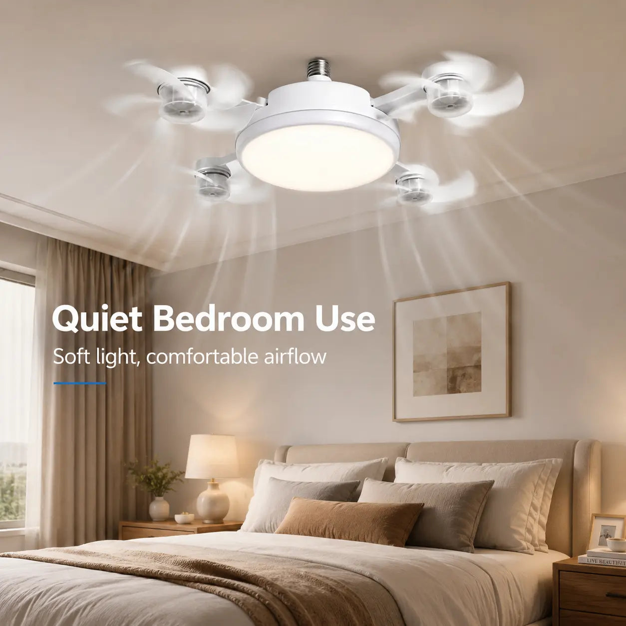 Ceiling Fan Light with Remote Control, 19.69 Inch Screw in LED Fan Light, E26/E27 Base Foldable Ceiling Fan with 4 Fan Heads, Quiet Airflow & Bright Lighting, Easy Installation for Bedroom, Living Room, Kitchen, Office, Dorm, Small Room Use