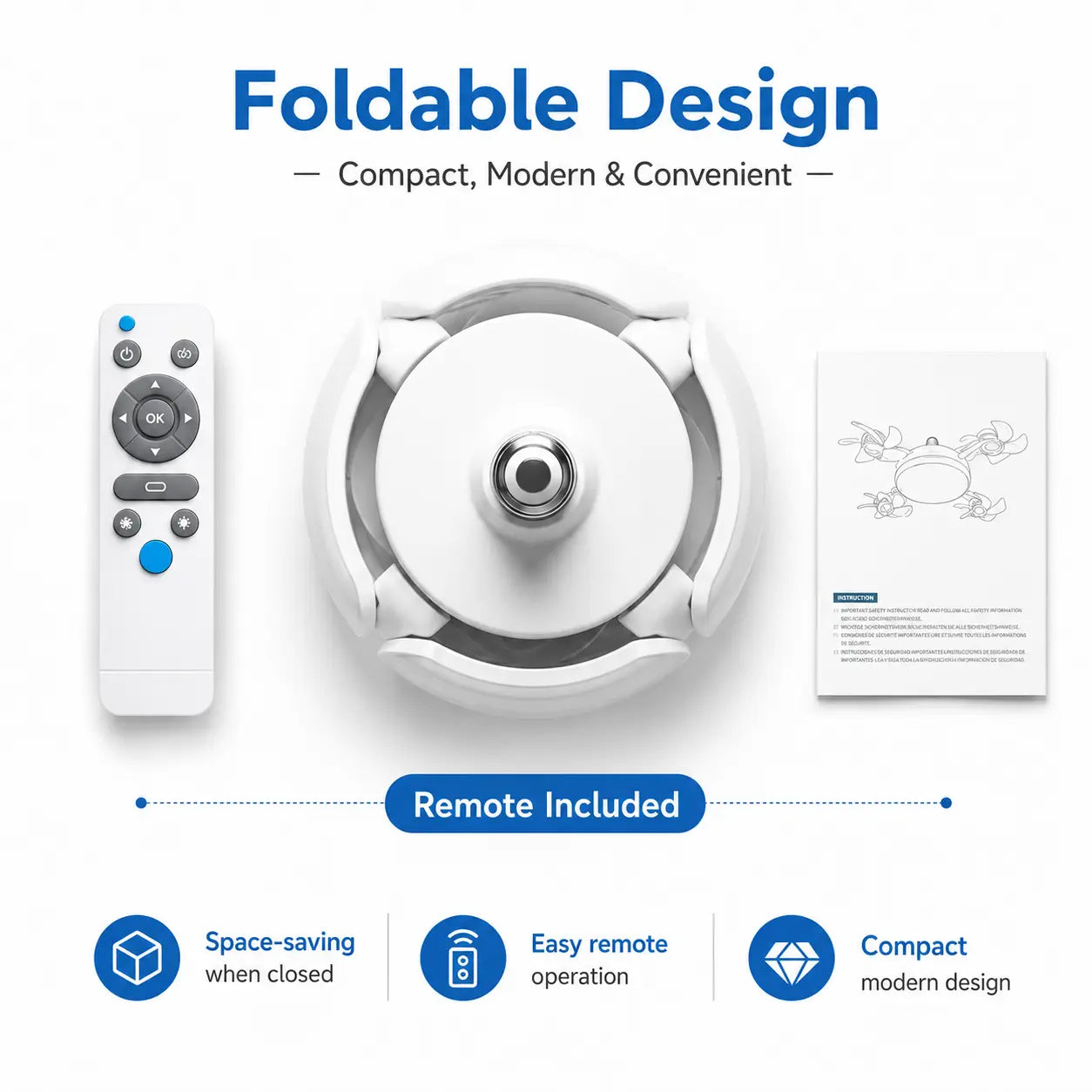 Ceiling Fan Light with Remote Control, 19.69 Inch Screw in LED Fan Light, E26/E27 Base Foldable Ceiling Fan with 4 Fan Heads, Quiet Airflow & Bright Lighting, Easy Installation for Bedroom, Living Room, Kitchen, Office, Dorm, Small Room Use