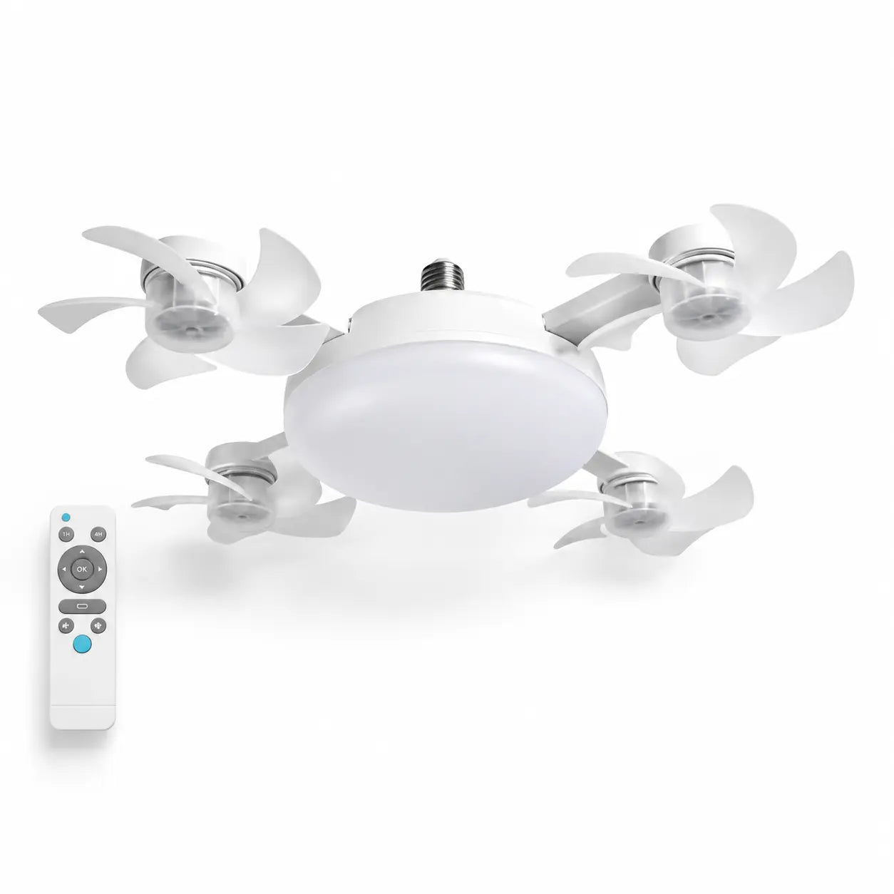Ceiling Fan Light with Remote Control, 19.69 Inch Screw in LED Fan Light, E26/E27 Base Foldable Ceiling Fan with 4 Fan Heads, Quiet Airflow & Bright Lighting, Easy Installation for Bedroom, Living Room, Kitchen, Office, Dorm, Small Room Use