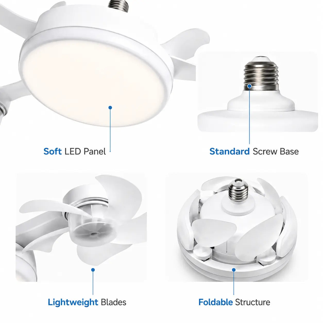 Ceiling Fan Light with Remote Control, 19.69 Inch Screw in LED Fan Light, E26/E27 Base Foldable Ceiling Fan with 4 Fan Heads, Quiet Airflow & Bright Lighting, Easy Installation for Bedroom, Living Room, Kitchen, Office, Dorm, Small Room Use