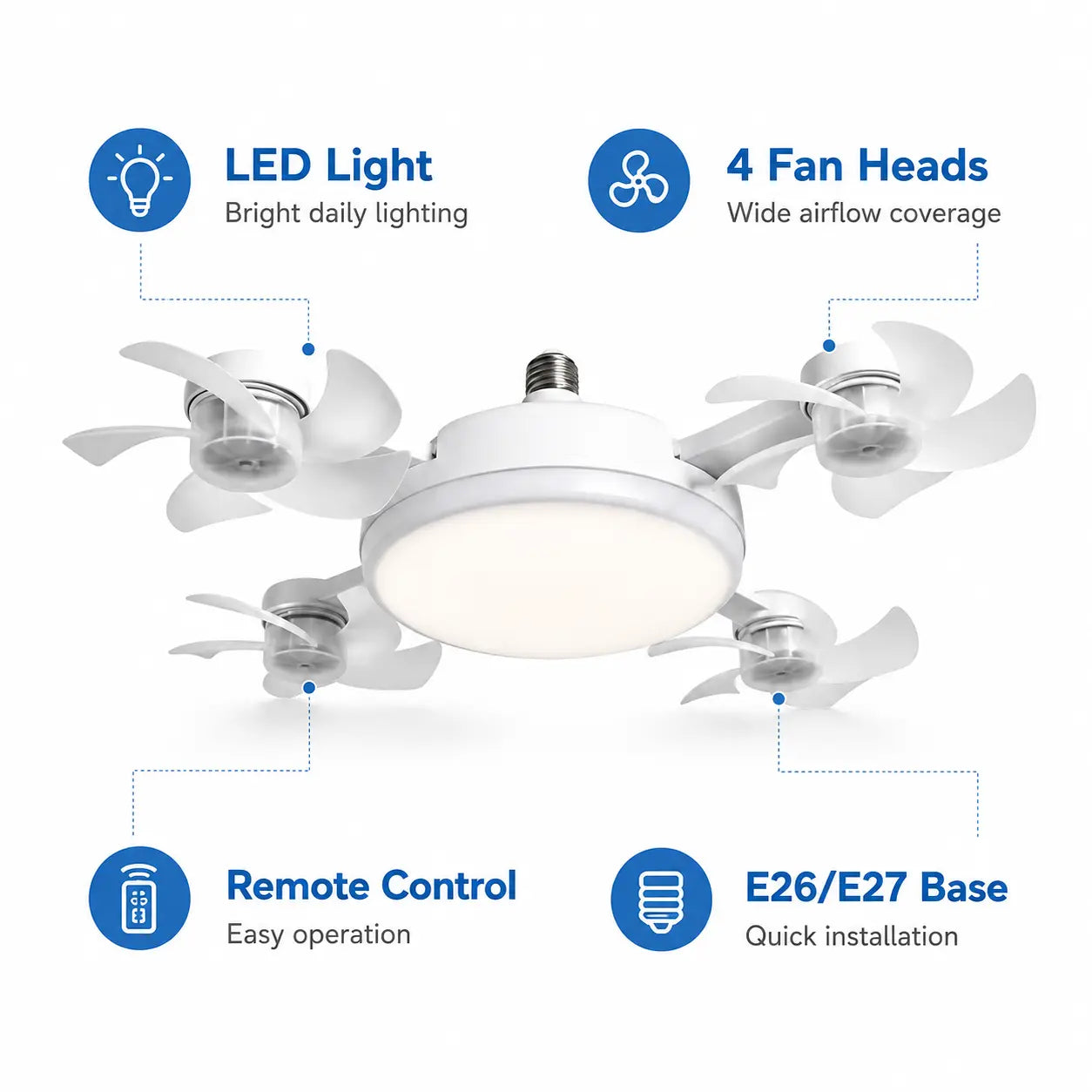 Ceiling Fan Light with Remote Control, 19.69 Inch Screw in LED Fan Light, E26/E27 Base Foldable Ceiling Fan with 4 Fan Heads, Quiet Airflow & Bright Lighting, Easy Installation for Bedroom, Living Room, Kitchen, Office, Dorm, Small Room Use