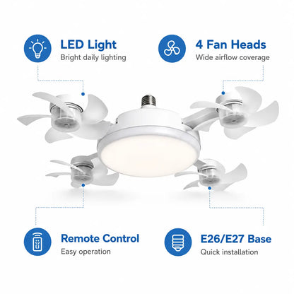 Ceiling Fan Light with Remote Control, 19.69 Inch Screw in LED Fan Light, E26/E27 Base Foldable Ceiling Fan with 4 Fan Heads, Quiet Airflow & Bright Lighting, Easy Installation for Bedroom, Living Room, Kitchen, Office, Dorm, Small Room Use