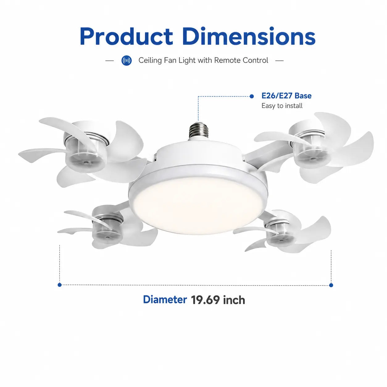Ceiling Fan Light with Remote Control, 19.69 Inch Screw in LED Fan Light, E26/E27 Base Foldable Ceiling Fan with 4 Fan Heads, Quiet Airflow & Bright Lighting, Easy Installation for Bedroom, Living Room, Kitchen, Office, Dorm, Small Room Use
