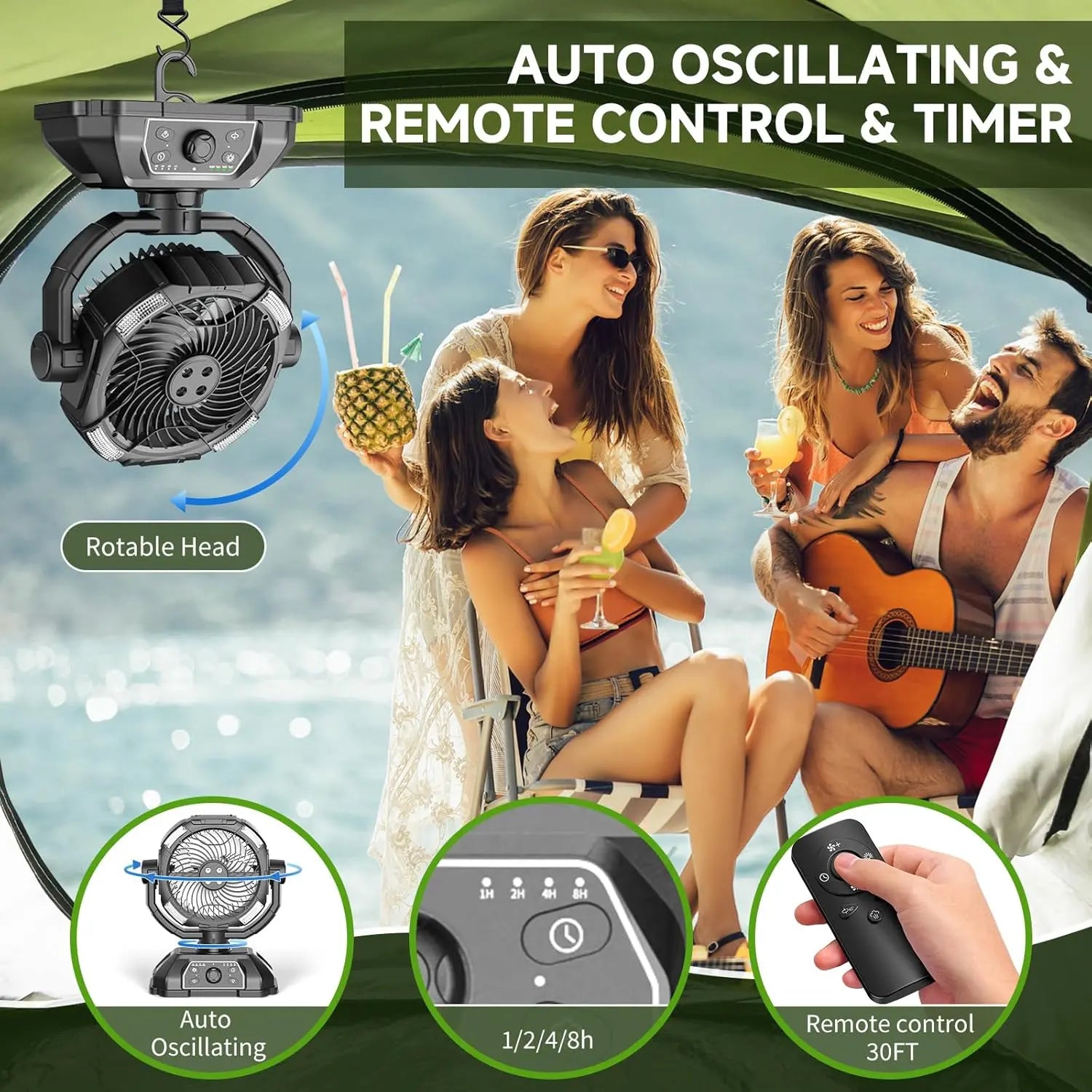 2026 Portable Misting Fan for Hot Weather, 9-Inch Auto-Rotating Camping Fan with 25,000mAh Rechargeable Battery, USB Power Bank, 7L Water Tank, 4 Mist Modes, Outdoor Cooling for Patio, Beach, Backyard, Fishing, Golf and Travel