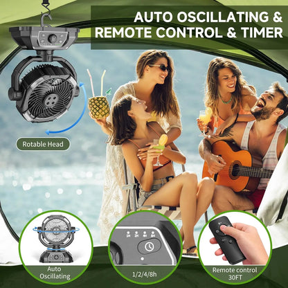 2026 Portable Misting Fan for Hot Weather, 9-Inch Auto-Rotating Camping Fan with 25,000mAh Rechargeable Battery, USB Power Bank, 7L Water Tank, 4 Mist Modes, Outdoor Cooling for Patio, Beach, Backyard, Fishing, Golf and Travel