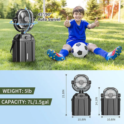 2026 Portable Misting Fan for Hot Weather, 9-Inch Auto-Rotating Camping Fan with 25,000mAh Rechargeable Battery, USB Power Bank, 7L Water Tank, 4 Mist Modes, Outdoor Cooling for Patio, Beach, Backyard, Fishing, Golf and Travel
