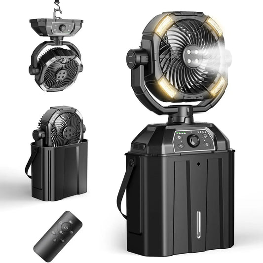 2026 Portable Misting Fan for Hot Weather, 9-Inch Auto-Rotating Camping Fan with 25,000mAh Rechargeable Battery, USB Power Bank, 7L Water Tank, 4 Mist Modes, Outdoor Cooling for Patio, Beach, Backyard, Fishing, Golf and Travel