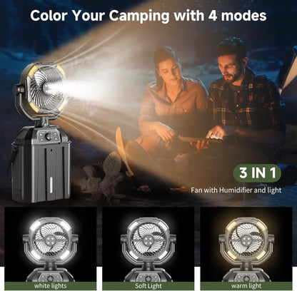 2026 Portable Misting Fan for Hot Weather, 9-Inch Auto-Rotating Camping Fan with 25,000mAh Rechargeable Battery, USB Power Bank, 7L Water Tank, 4 Mist Modes, Outdoor Cooling for Patio, Beach, Backyard, Fishing, Golf and Travel