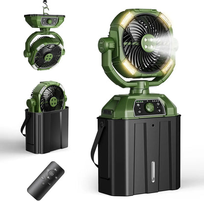 2026 Portable Misting Fan for Hot Weather, 9-Inch Auto-Rotating Camping Fan with 25,000mAh Rechargeable Battery, USB Power Bank, 7L Water Tank, 4 Mist Modes, Outdoor Cooling for Patio, Beach, Backyard, Fishing, Golf and Travel