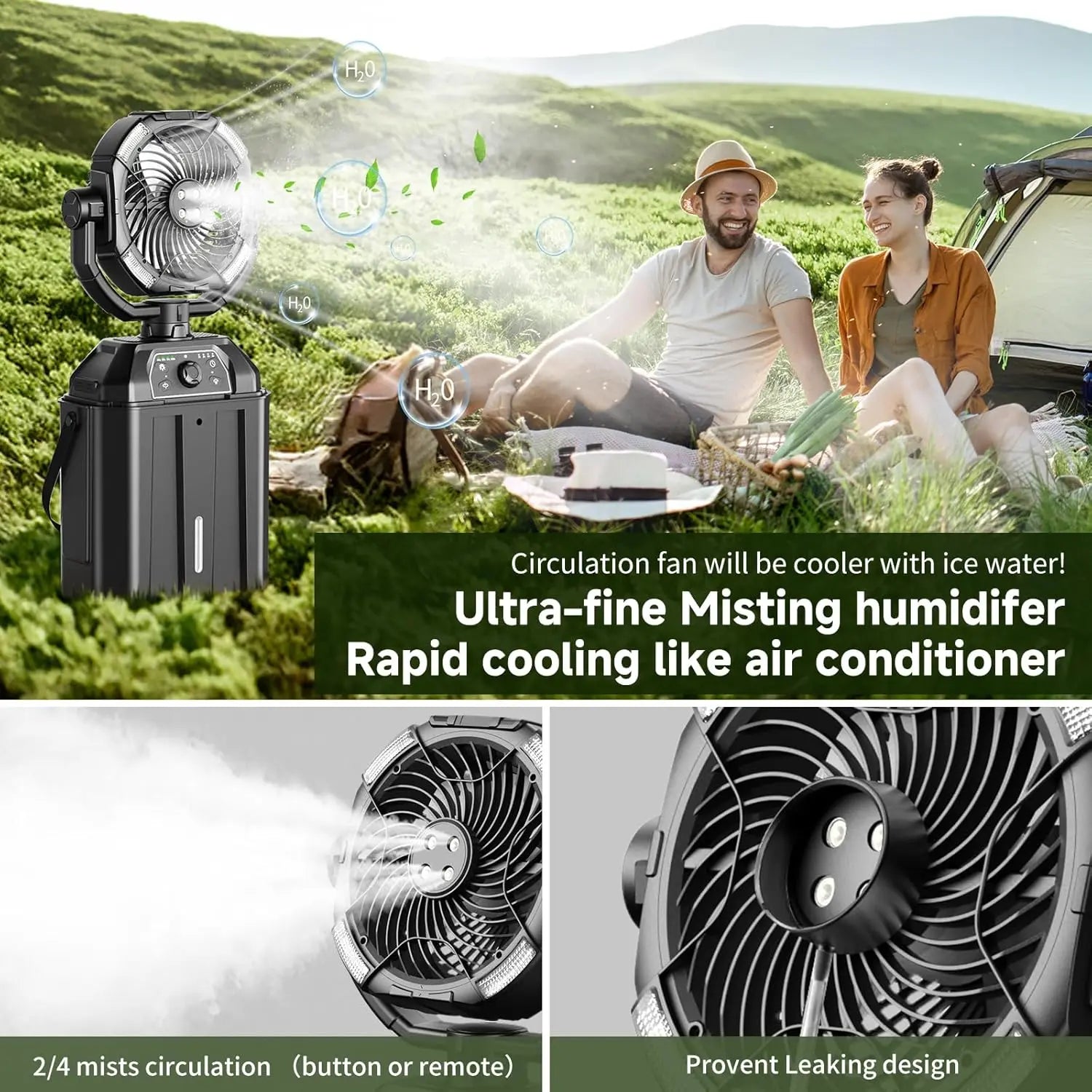 2026 Portable Misting Fan for Hot Weather, 9-Inch Auto-Rotating Camping Fan with 25,000mAh Rechargeable Battery, USB Power Bank, 7L Water Tank, 4 Mist Modes, Outdoor Cooling for Patio, Beach, Backyard, Fishing, Golf and Travel