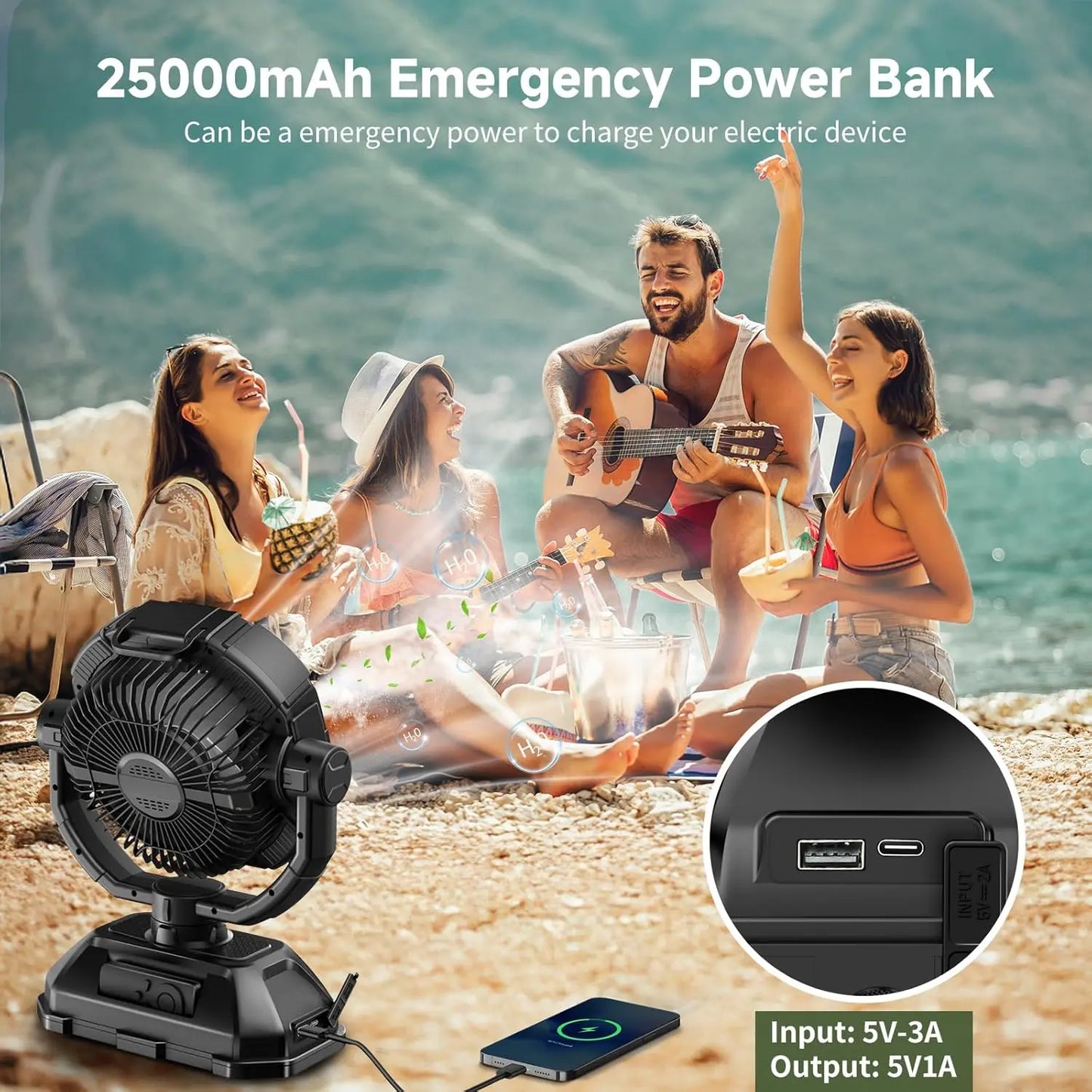 2026 Portable Misting Fan for Hot Weather, 9-Inch Auto-Rotating Camping Fan with 25,000mAh Rechargeable Battery, USB Power Bank, 7L Water Tank, 4 Mist Modes, Outdoor Cooling for Patio, Beach, Backyard, Fishing, Golf and Travel