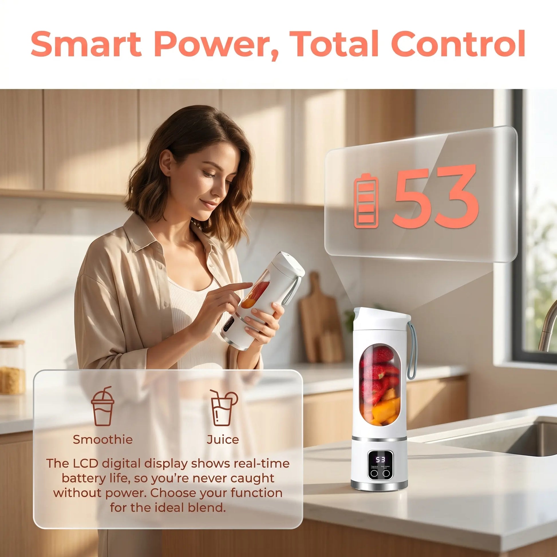 【Summer Sale Deals】 Portable 15.22 Oz USB Rechargeable Personal Blender with LED Display, Durable Abs Material, Perfect for Smoothies & Juices, Home Kitchen Essential