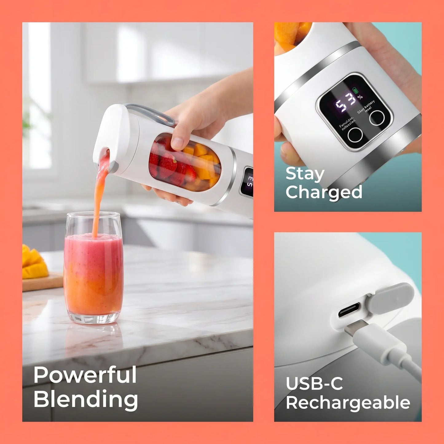【Summer Sale Deals】 Portable 15.22 Oz USB Rechargeable Personal Blender with LED Display, Durable Abs Material, Perfect for Smoothies & Juices, Home Kitchen Essential