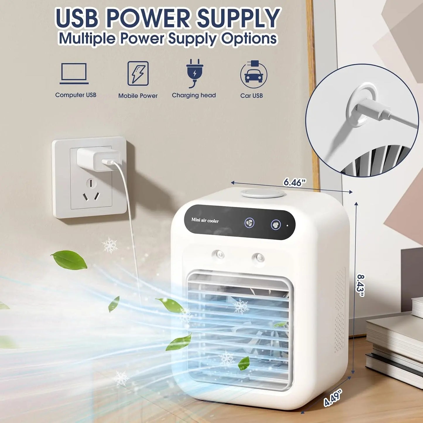 BougeRV Portable Mist Fan, Rechargeable Personal Evaporative Air Cooler with 3-in-1 Cooling, 2 Mist Speeds, Large Water Tank, Quiet Operation, Long Battery Life, USB-C Charging, for Bedroom, Office, Desk, Camping, Gifts for Summer