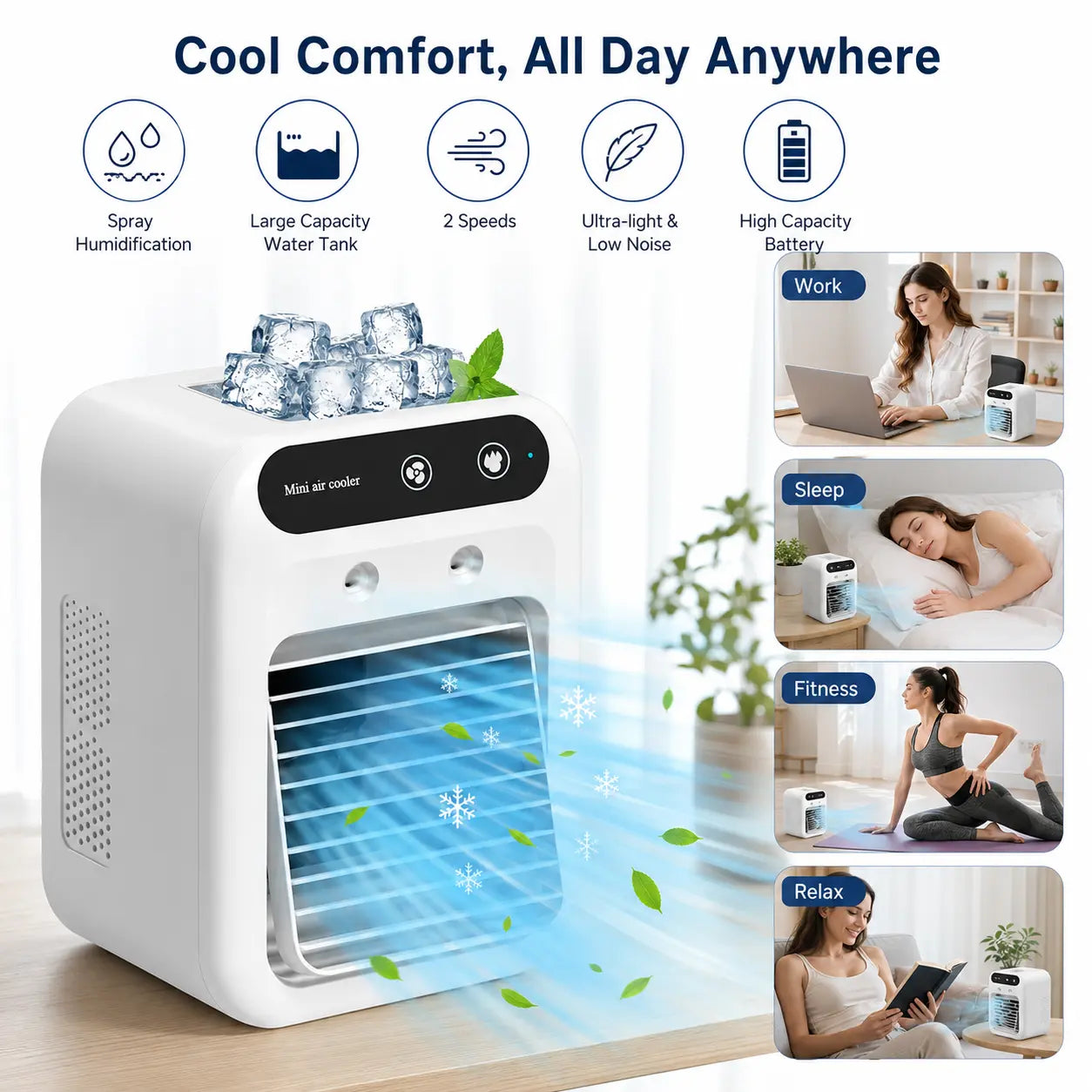 BougeRV Portable Mist Fan, Rechargeable Personal Evaporative Air Cooler with 3-in-1 Cooling, 2 Mist Speeds, Large Water Tank, Quiet Operation, Long Battery Life, USB-C Charging, for Bedroom, Office, Desk, Camping, Gifts for Summer