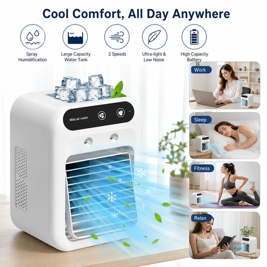 BougeRV Portable Mist Fan, Rechargeable Personal Evaporative Air Cooler with 3-in-1 Cooling, 2 Mist Speeds, Large Water Tank, Quiet Operation, Long Battery Life, USB-C Charging, for Bedroom, Office, Desk, Camping, Gifts for Summer