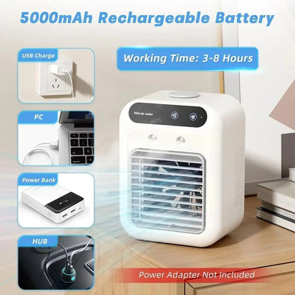 BougeRV Portable Mist Fan, Rechargeable Personal Evaporative Air Cooler with 3-in-1 Cooling, 2 Mist Speeds, Large Water Tank, Quiet Operation, Long Battery Life, USB-C Charging, for Bedroom, Office, Desk, Camping, Gifts for Summer
