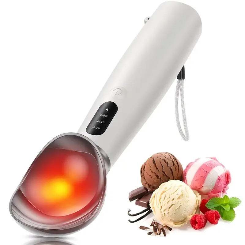 Rechargeable Smart Heated Ice Cream Scoop, 3 Temperature Settings for Quick Scooping, Zinc Alloy Head with Silicone Handle, Type-C Charging, Essential Home Dessert Tool./WHITE