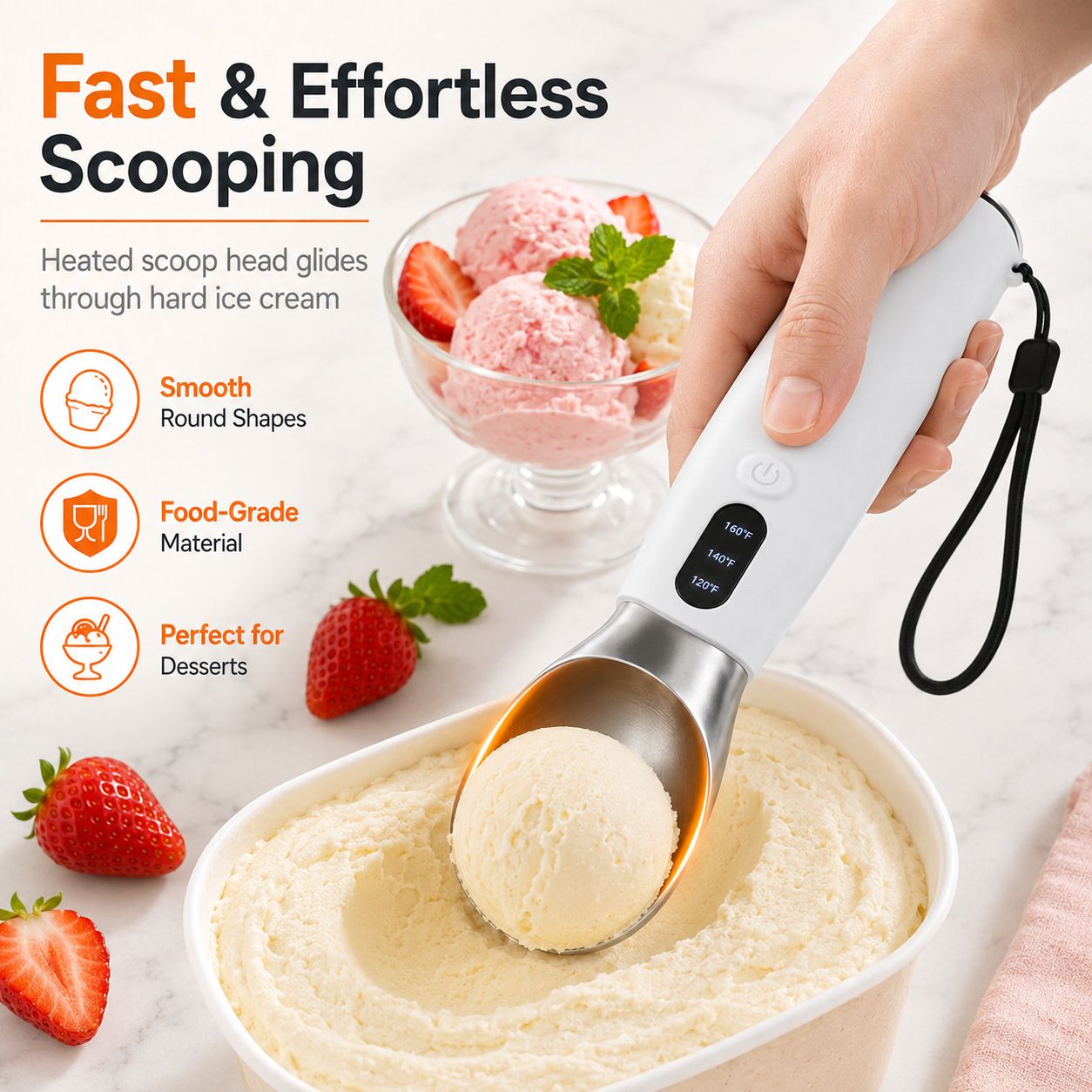 Rechargeable Smart Heated Ice Cream Scoop, 3 Temperature Settings for Quick Scooping, Zinc Alloy Head with Silicone Handle, Type-C Charging, Essential Home Dessert Tool./WHITE