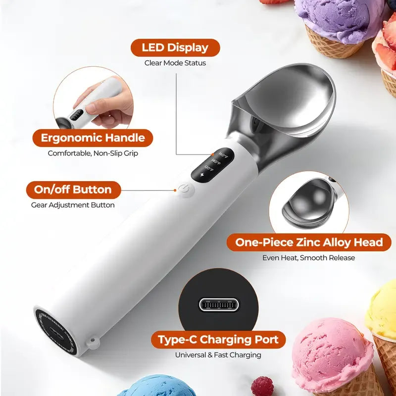 Rechargeable Smart Heated Ice Cream Scoop, 3 Temperature Settings for Quick Scooping, Zinc Alloy Head with Silicone Handle, Type-C Charging, Essential Home Dessert Tool./WHITE