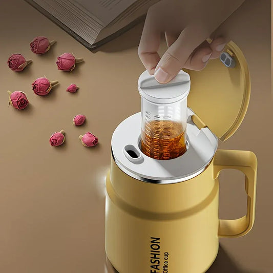 600ML Multi-Functional Mug, Three Drinking Modes: Direct Drink, Straw, Open Mouth, Bottom Storage for Folding Spoon, 304 Stainless Steel Inner Liner – A Must-Have Hydration Tool for Lazy People./Mango yellow