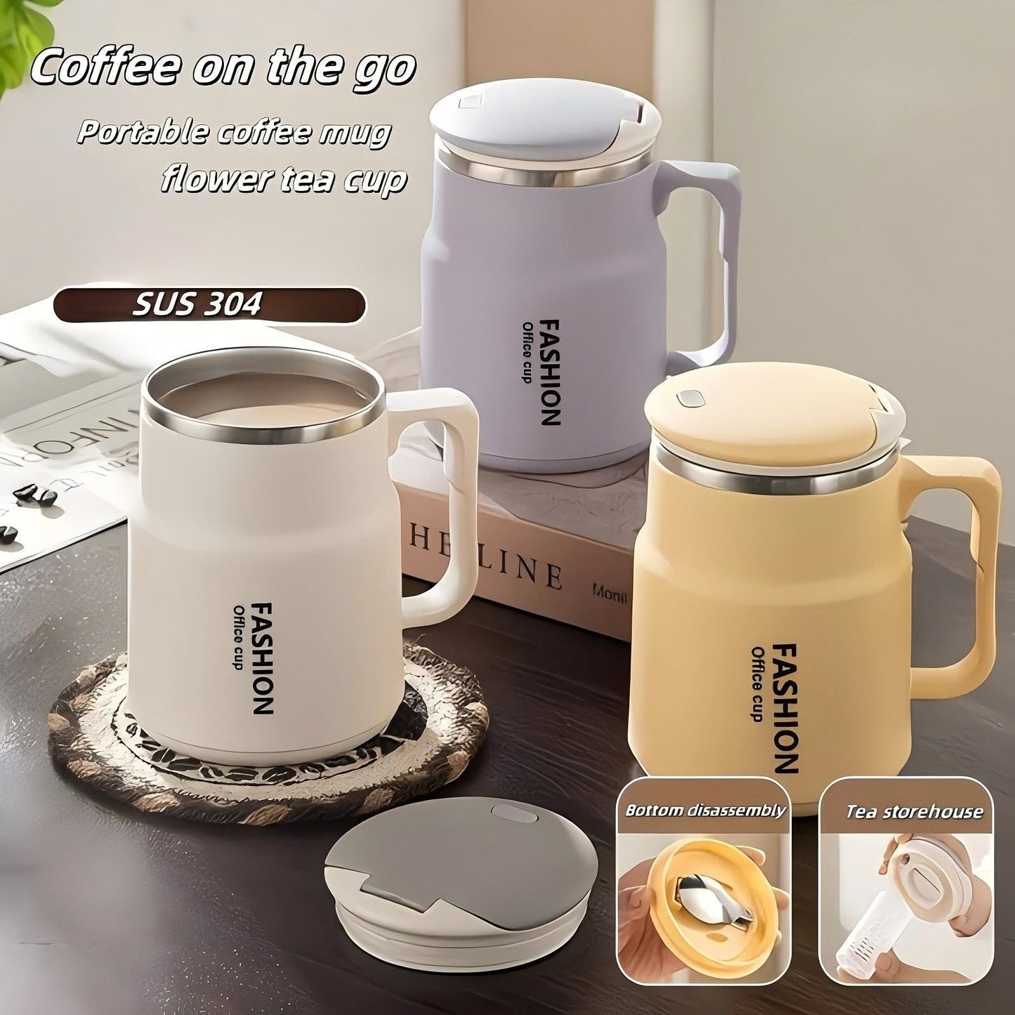 600ML Multi-Functional Mug, Three Drinking Modes: Direct Drink, Straw, Open Mouth, Bottom Storage for Folding Spoon, 304 Stainless Steel Inner Liner – A Must-Have Hydration Tool for Lazy People./Mango yellow