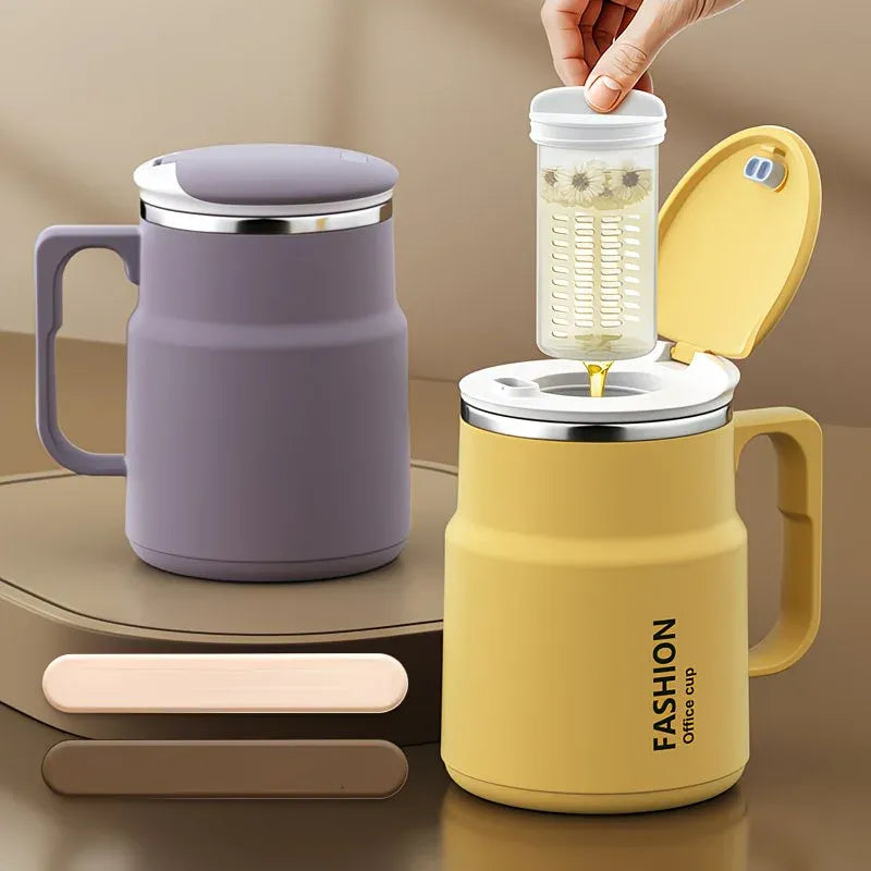 600ML Multi-Functional Mug, Three Drinking Modes: Direct Drink, Straw, Open Mouth, Bottom Storage for Folding Spoon, 304 Stainless Steel Inner Liner – A Must-Have Hydration Tool for Lazy People./Mango yellow