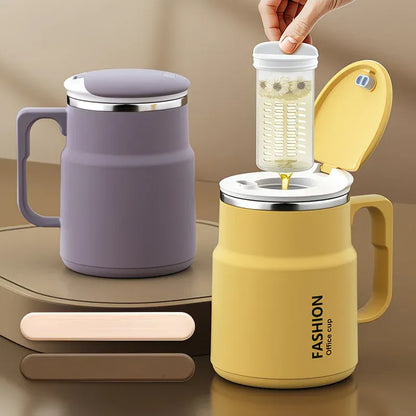 600ML Multi-Functional Mug, Three Drinking Modes: Direct Drink, Straw, Open Mouth, Bottom Storage for Folding Spoon, 304 Stainless Steel Inner Liner – A Must-Have Hydration Tool for Lazy People./Mango yellow