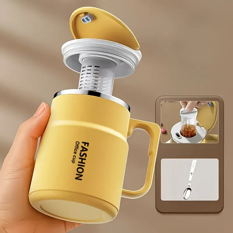 600ML Multi-Functional Mug, Three Drinking Modes: Direct Drink, Straw, Open Mouth, Bottom Storage for Folding Spoon, 304 Stainless Steel Inner Liner – A Must-Have Hydration Tool for Lazy People./Mango yellow