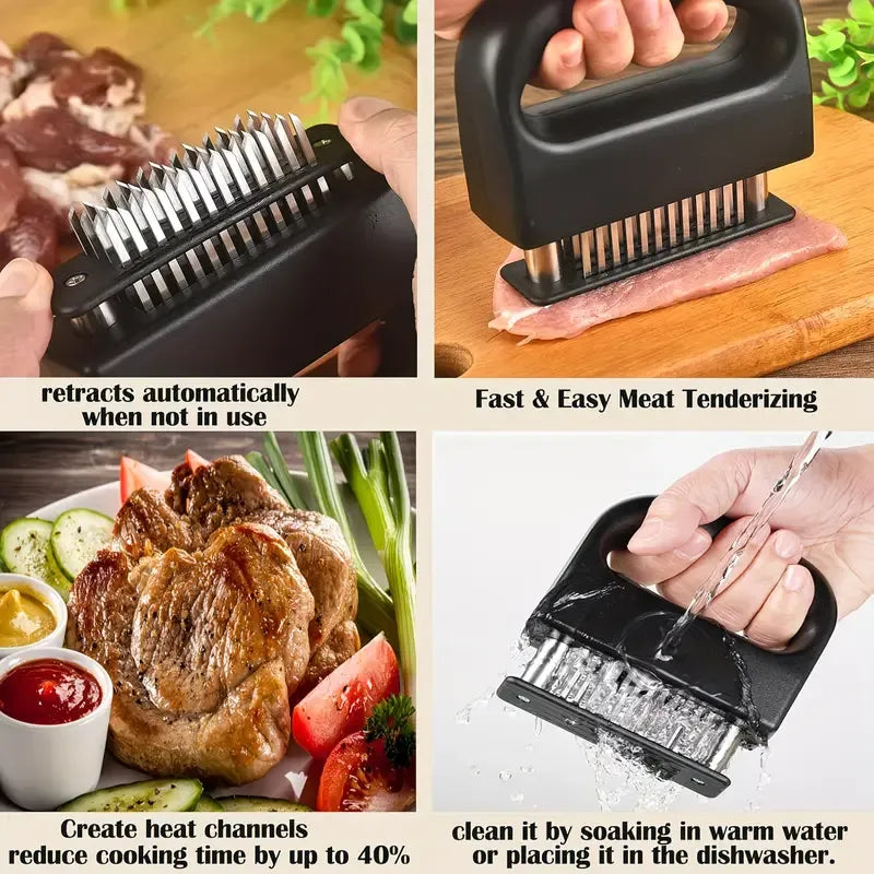 304 Stainless Steel 48-Blade Meat Tenderizer, Non-Slip Handle with Auto-Retraction, Quickly Cuts Tendons and Shortens Cooking Time, Works for Steak Lamb Chops Chicken Breast, Kitchen Essential