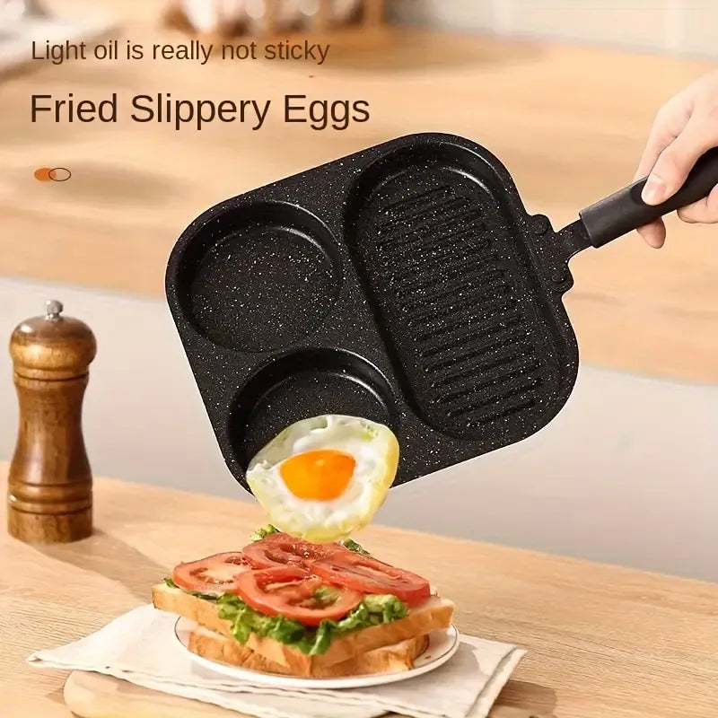 Marble-Textured Divided Frying Pan: Three Flavors, No Taste Transfer, Light-Oil Non-Stick, Easy Flipping, All-Stove Compatible, Quick Breakfasts